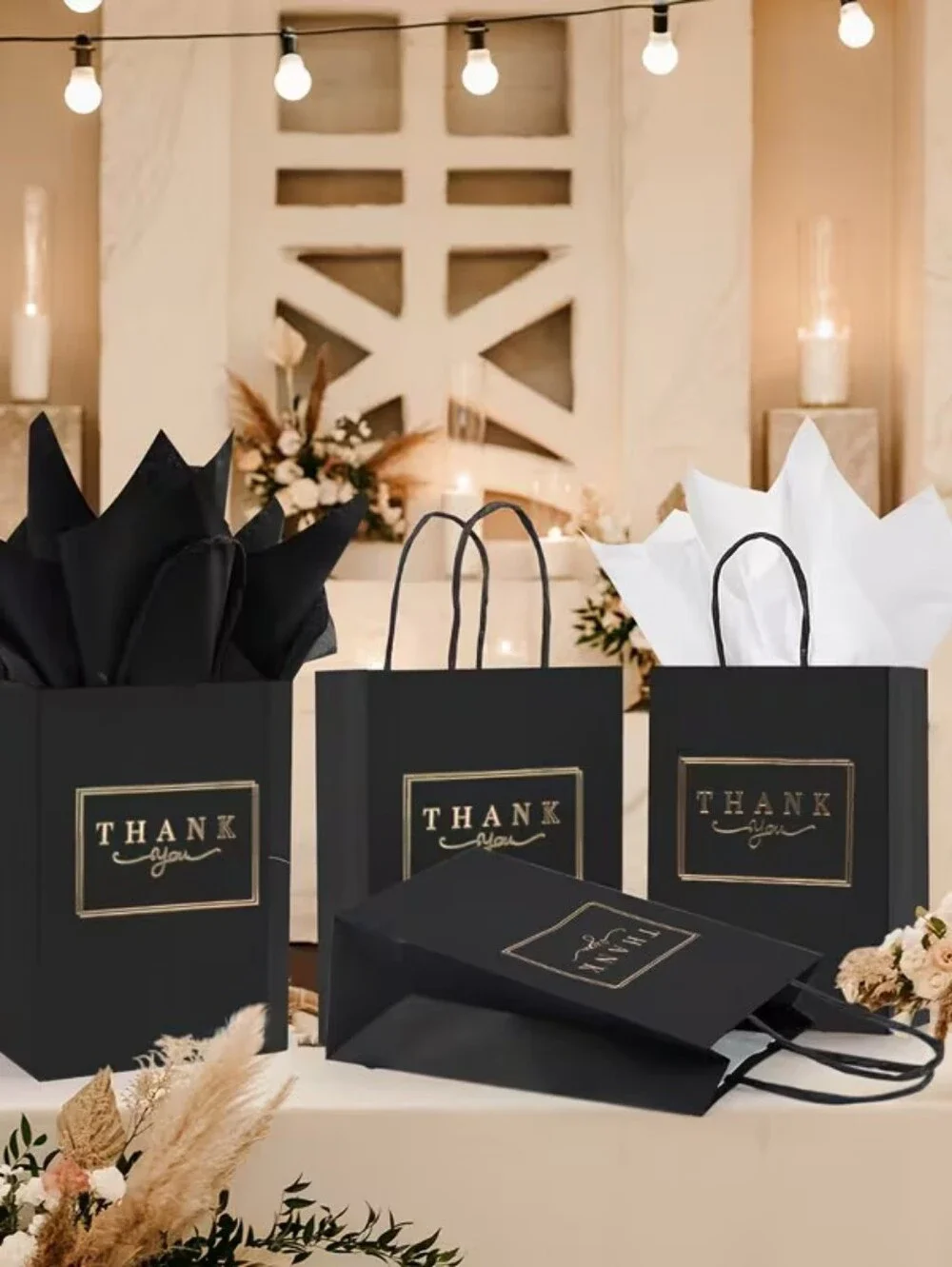 Set of Black And Gold Thank You Gift Bag Set With tissue Paper (50)